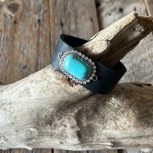 Handmade black leather bracelet with faux turquoise stone